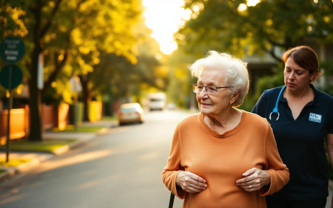 An elderly woman supported on a walk